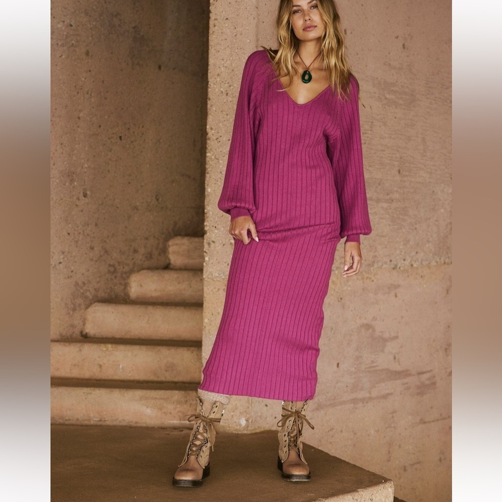 Free People Rosha Sweater Midi Dress in Raspberry Pink Women’s Large